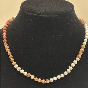 J. Crew , Brown and Cream Beaded Necklace with Gold Accents